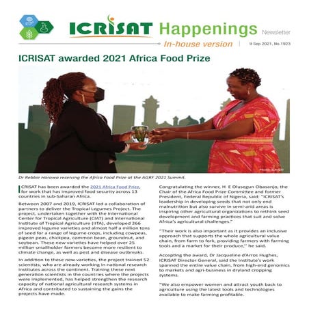 ICRISAT awarded 2021 Africa Food Prize