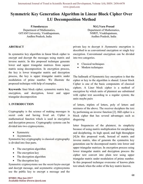 Symmetric Key Generation Algorithm in Linear Block Cipher Over LU Decompositi...