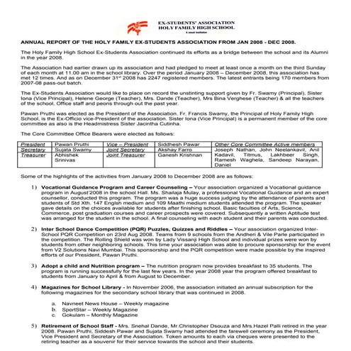 Holy Family Ex-Students Association - Annual Report January - December 2008