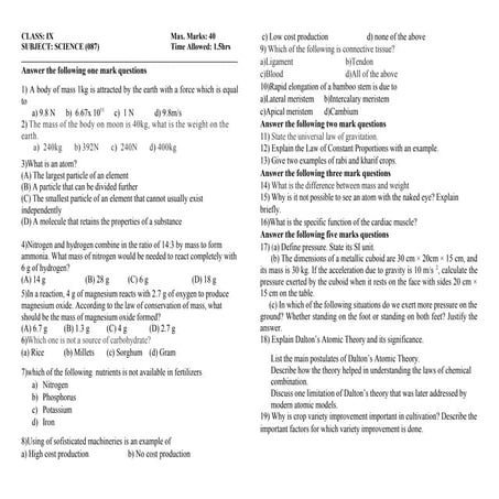 Comprehensive Class IX Science Exam Questions and Concepts | DOCX