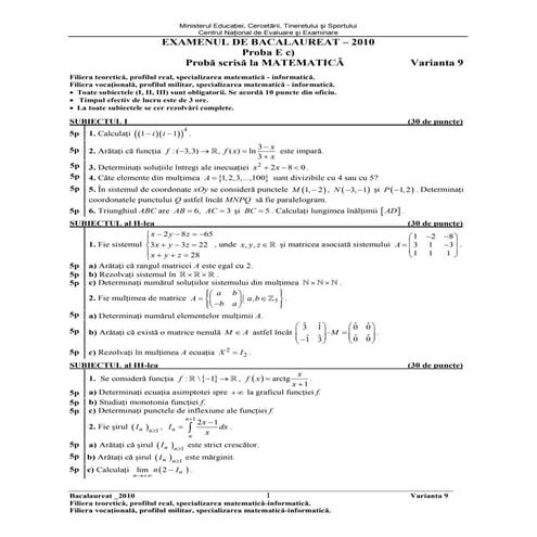 9 varianta oficiala bac matematica m1   2010 (prima sesiune)