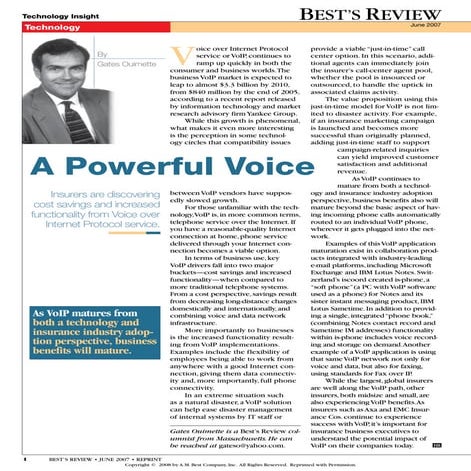 VoIP, Best's Review, June 2007