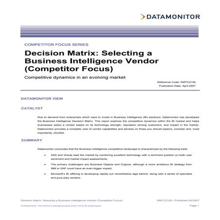 Datamonitor Decision Matrix Selecting A Business Intelligence Vendor (Competi...