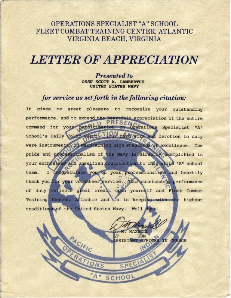 Letter Of Appreciation Color Guard