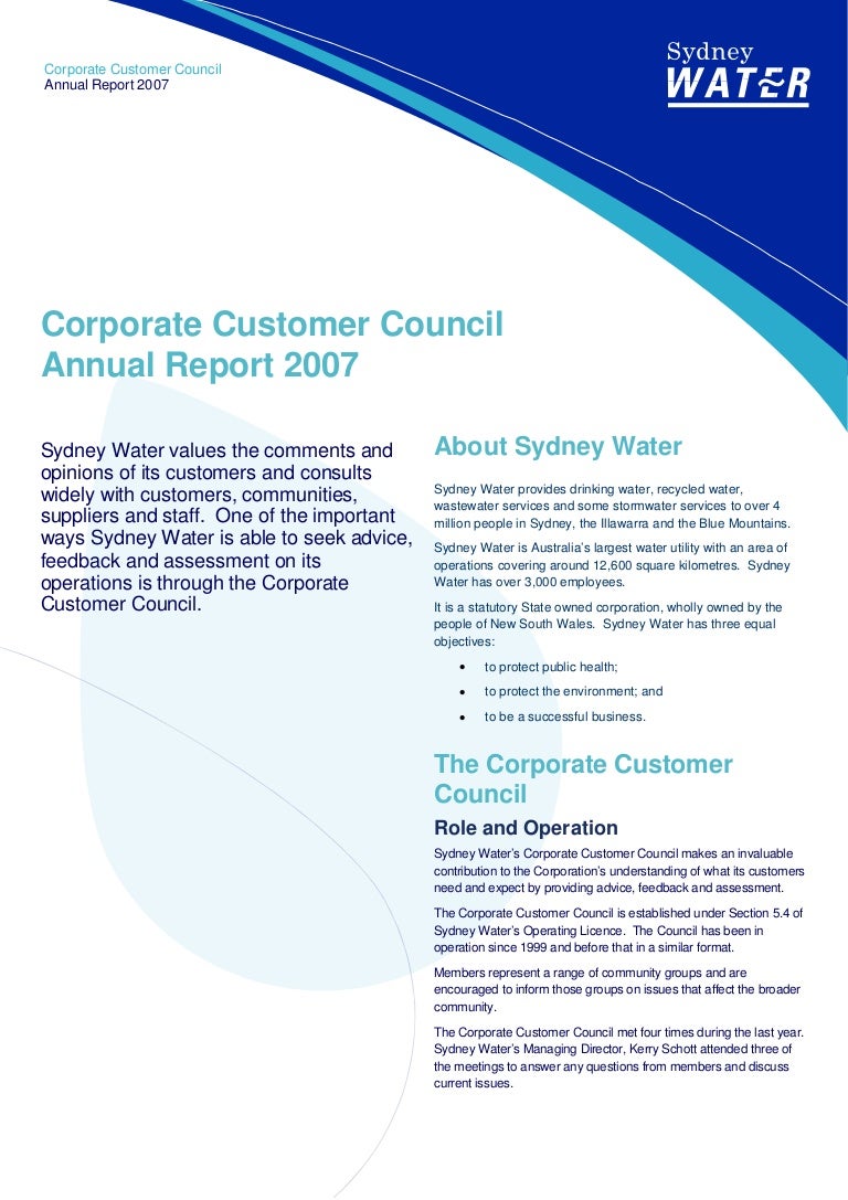 Sydney Water Corp Customer Council Annual Providing Advice, Feedbac…