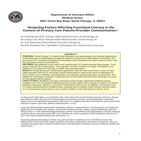 VA Medical Health Literacy Study 2007