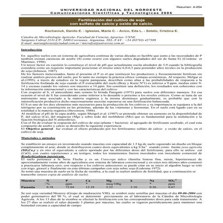 Fertilización del cultivo de soja con sulfato de calcio y oxido de calcio.