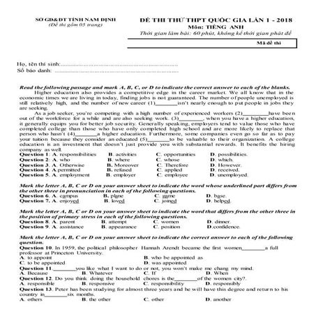 Đề thi thử THPT 2018 môn Tiếng Anh Sở GD&ĐT Nam Định lần 1
