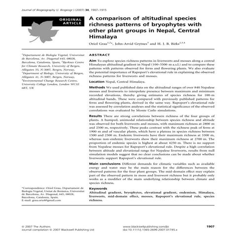 A Comparison Of Species Rchness Of Bryophytes In Nepal, Central Nepal