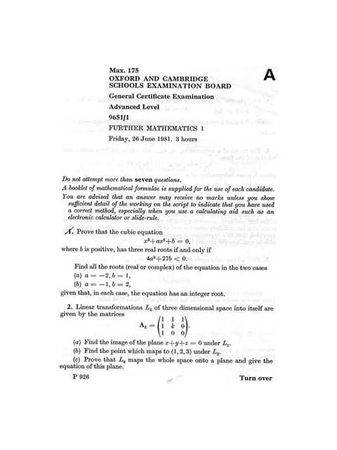 A level further mathematics 1981