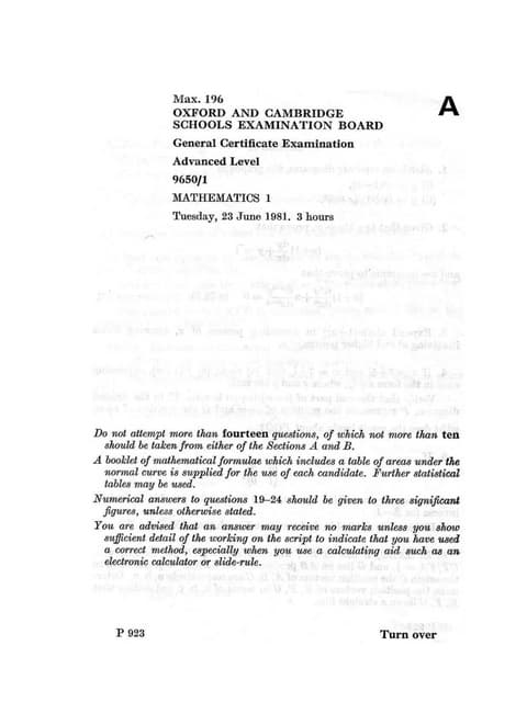 A level Mathematics 1981
