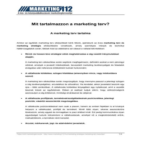 A marketing terv tartalma : Mit tartalmazzon egy marketing terv? | PDF