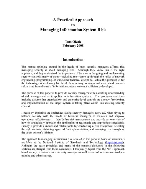 A Practical Approach to Managing Information System Risk