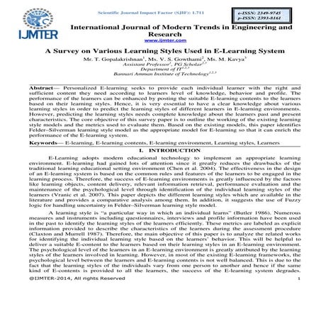 A Survey on Various Learning Styles Used in E-Learning System