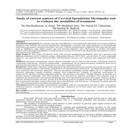 Study of current pattern of Cervical Spondylotic Myelopathy and to evaluate t...