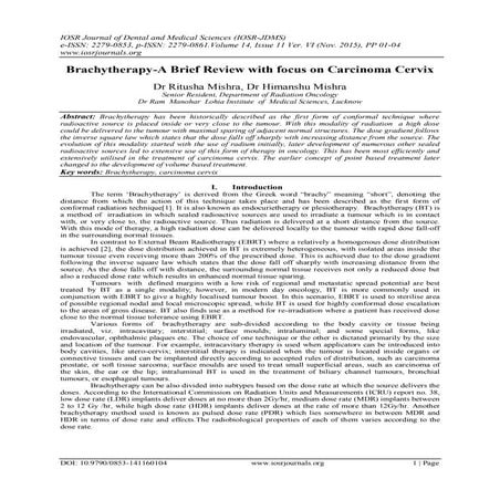 Brachytherapy-A Brief Review with focus on Carcinoma Cervix