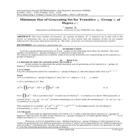 Minimum Size of Generating Set for Transitive p - Group G of Degree 3 p .