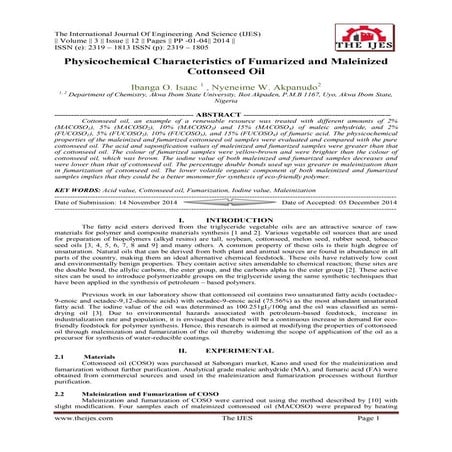Physicochemical Characteristics of Fumarized and Maleinized Cottonseed Oil