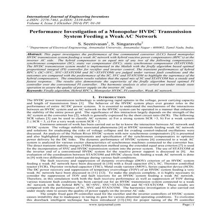 Performance Investigation of a Monopolar HVDC Transmission  System Feeding a ...