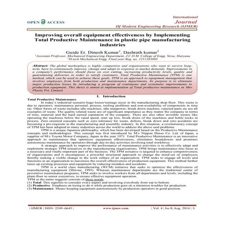 Improving overall equipment effectiveness by Implementing Total Productive Ma...