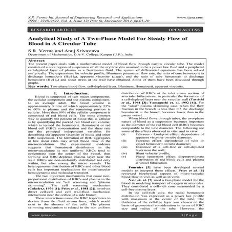 Analytical Study of A Two-Phase Model For Steady Flow of Blood in A Circular ...