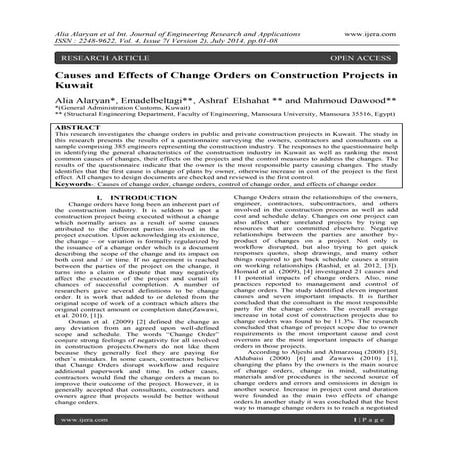 Causes and Effects of Change Orders on Construction Projects in Kuwait