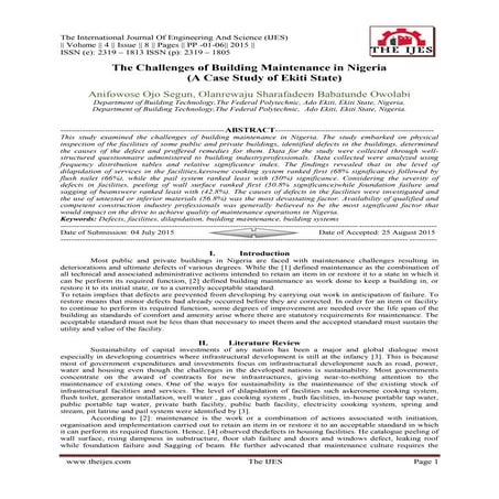 The Challenges of Building Maintenance in Nigeria (A Case Study of Ekiti State)