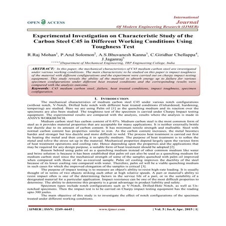 Experimental Investigation on Characteristic Study of the Carbon Steel C45 in...
