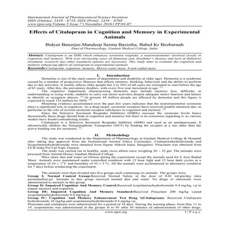 Effects of Citalopram in Cognition and Memory in Experimental Animals