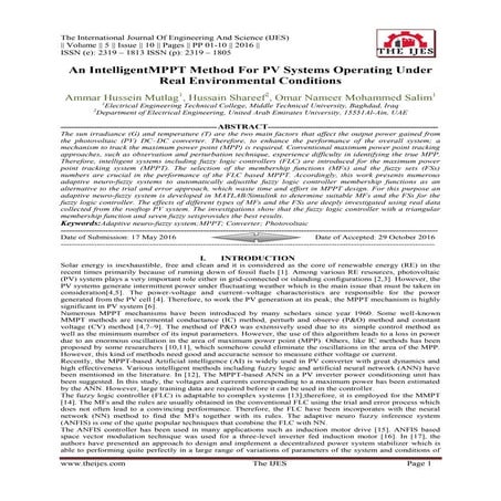 An IntelligentMPPT Method For PV Systems Operating Under Real Environmental C...