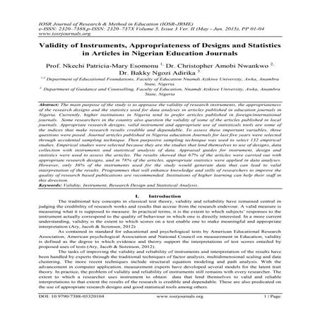 Validity of Instruments, Appropriateness of Designs and Statistics in Article...