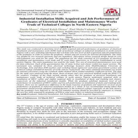 Industrial Installation Skills Acquired and Job Performance of Graduates of Electrical Installation and Maintenance Works Trade of Technical Colleges in North Eastern Nigeria