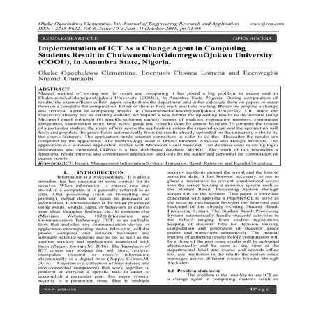Implementation of ICT As a Change Agent in Computing Students Result in Chukw...