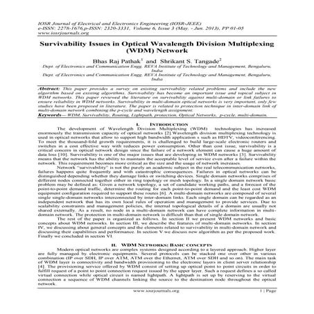 Survivability Issues in Optical Wavalength Division Multiplexing (WDM) Network