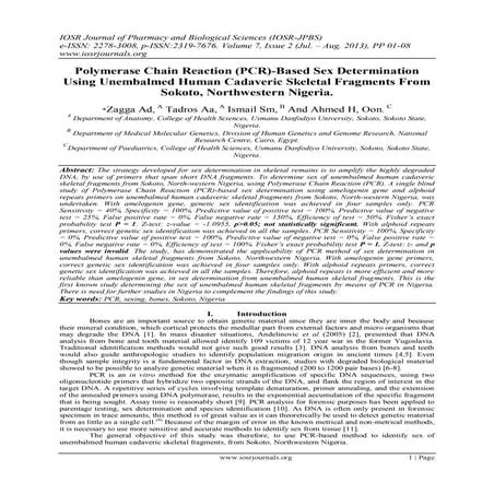 Polymerase Chain Reaction (PCR)-Based Sex Determination Using Unembalmed Huma...