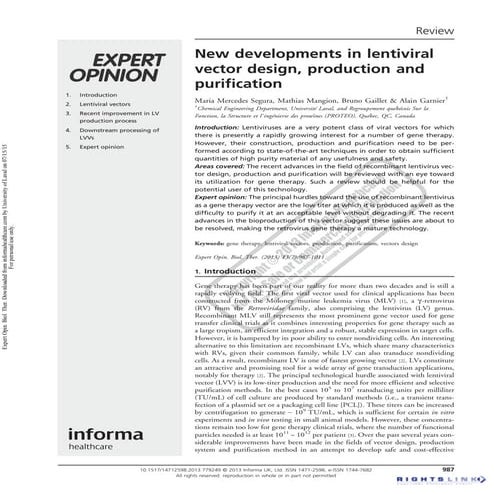 New developments in lentiviral vector design, production and purification