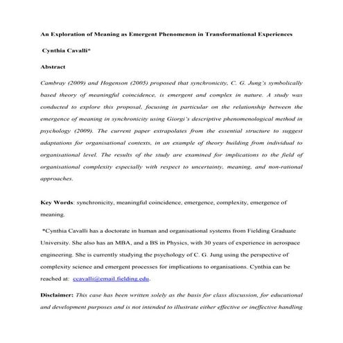 Exploration of Meaning as Emergent Phenomenon in Transformation by Dr Cynthia Cavalli