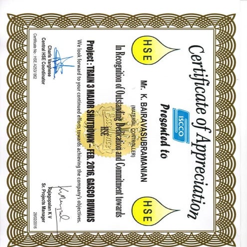 SAFETY CERTIFICATE ISCCO