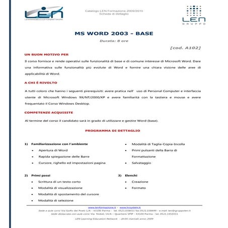 Ms Word 2003 base - Scheda corso LEN