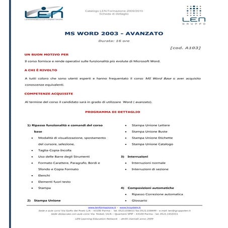 MS Word 2003 Avanzato - Scheda corso LEN