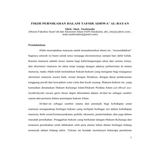 Hukum Keluarga dalam Tafsir Adhwa' al-Bayan