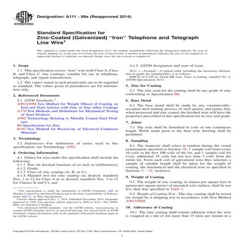 A111 99a(2014) standard specification for zinc-coated (galvanized) “iron” tel...