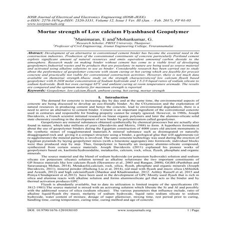 Mortar strength of Low calcium Flyashbased Geopolymer