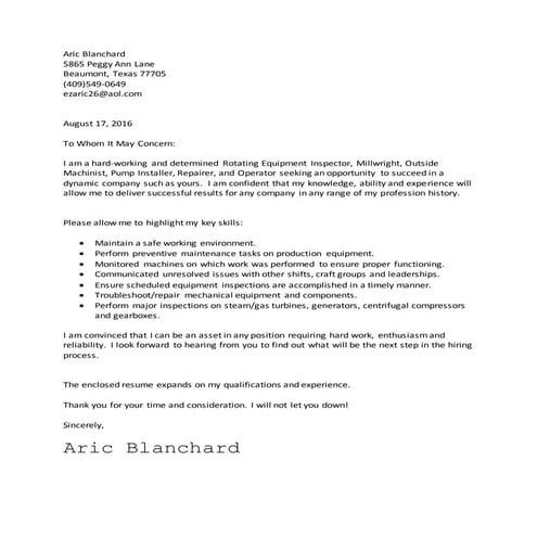 Aric Blanchard 2015 Cover Letter