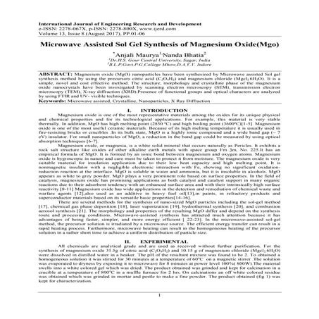Microwave Assisted Sol Gel Synthesis of Magnesium Oxide(Mgo)