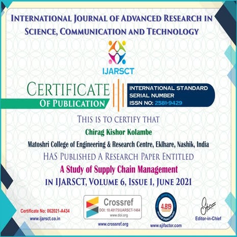 Certificate of International Journal of Advanced Research in  Science, Commun...