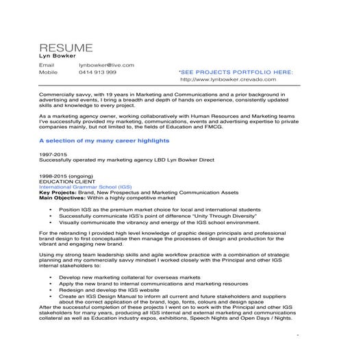 CV Highlights Lyn Bowker