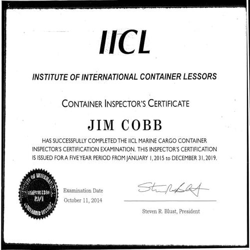 Jim Cobb Containers Inspectors Certificate
