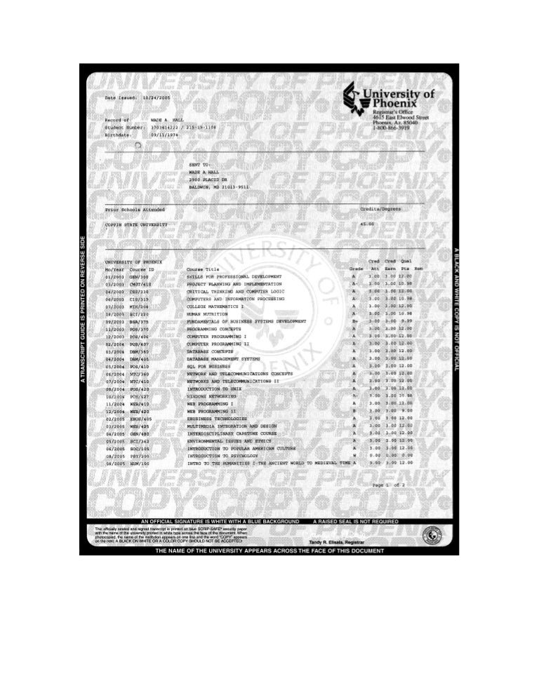 University of phoenix transcript