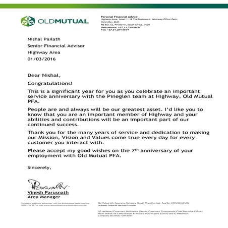 7 Year Service Anniversary Certificate